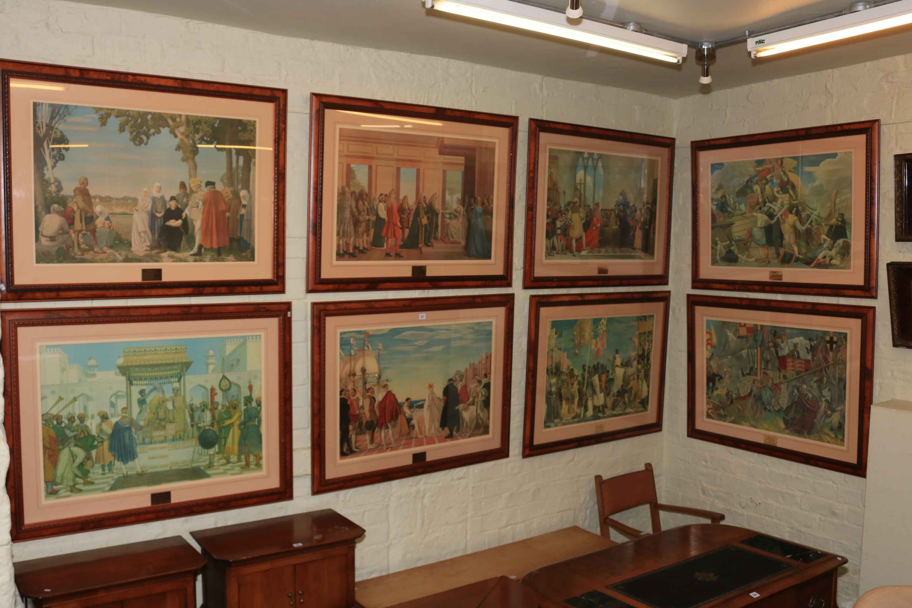 Moments in History, set of eight large framed coloured prints, 80cm by 107cm including frames.