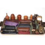 Collection of travelling inkwells, spectacles and cases, treen etc.
