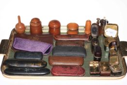 Collection of travelling inkwells, spectacles and cases, treen etc.