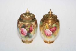 Two Royal Worcester pierced lid painted pot pouri vases, signed Spilsbury and M Hunt,