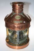 Copper and brass mast head ships lamp lantern, 54cm high.