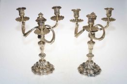 Pair silver plated three branch candelabra,