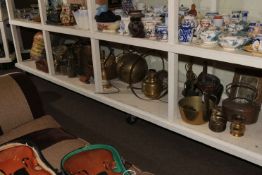 Collection of metal wares including copper and brass bound coal bucket, miners lamp, table lamps,