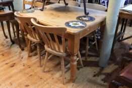 Rectangular pine turned leg kitchen table, 77cm by 122cm by 92cm,