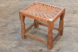 Lizard Man oak stool with lattice leather seat, 35cm by 38cm by 30.5cm.