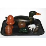 Heavy wooden decoy duck, treen hive box, acorn string holder, hardstone bear etc.