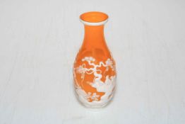 Chinese yellow and white overlay glass vase decorated with birds, 15cm high.
