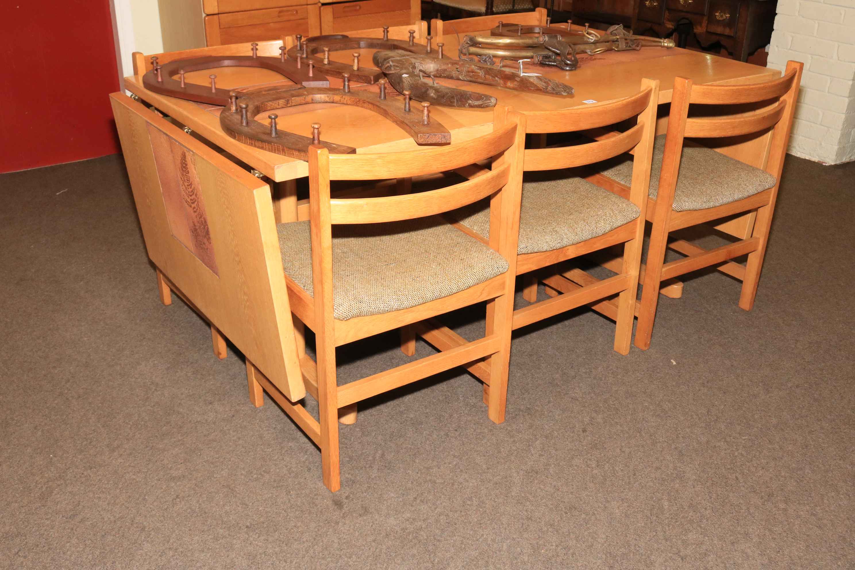 1970's Danish Vantinge Mobelindustri oak and part tiled top drop end dining table and six chairs - Image 2 of 2