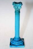 Burmantofts blue glazed Corinthian column candlestick,