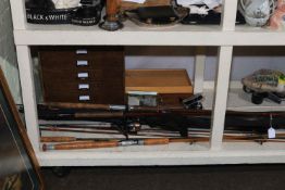 Collection of fishing rods, including Shakespeare Quadra, Morton, Mitchell reel, fishing tackle,