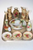 Collection of Royal Worcester pieces including pair and single rose decorated vases, plates,