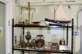 Collection of metal wares including oil lamp, scales, teapots etc.