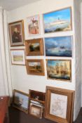 Collection of sixteen various framed paintings and prints including Chamberlain, Maritime oils,