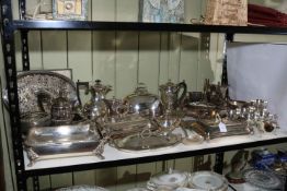 Collection of silver plated wares including tureen, serving trays, teapots etc.