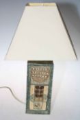 Troika table lamp of tall square section, monogram of Alison Brigden, 30cm to lamp holder.