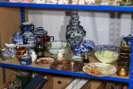 Collection of blue and white porcelain, lustre jugs, Ringtons, scales, Carlton ware etc.