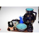Sarreguemines toilet jug, tooth brush holder and soap dishes, glass vase,