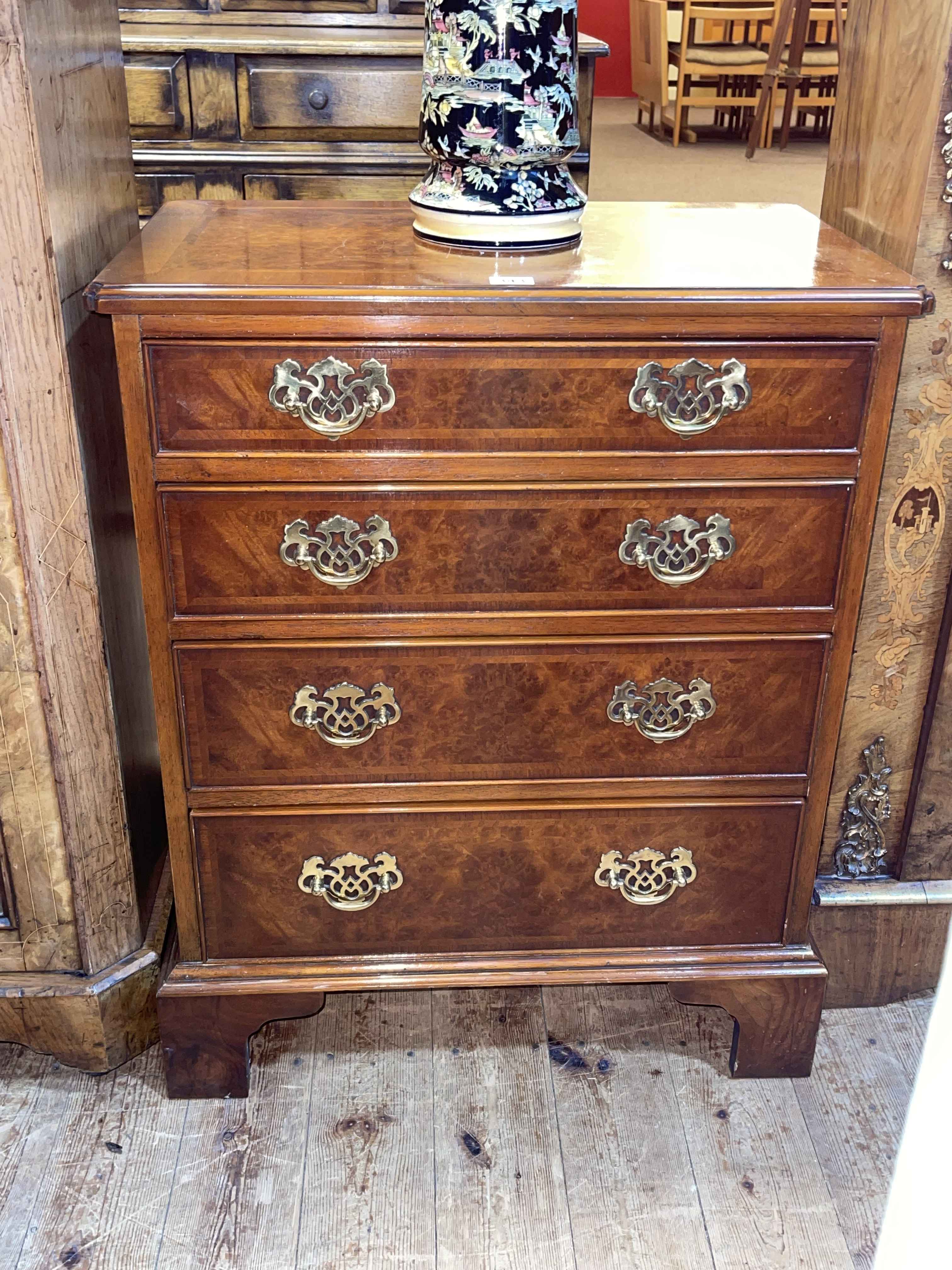 Ian Smith Reproductions inlaid burr wood four-drawer bachelors chest, 75cm by 61cm by 38cm.