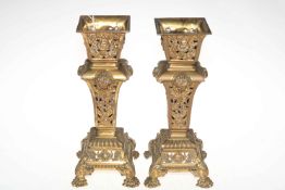 Pair highly ornate brass side vases with pierced and relief decoration, 32cm.