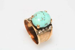 Gold textured band ring set with small diamonds and turquoise, size P.