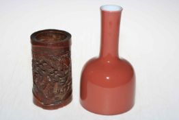 Chinese red glazed mallet style vase and carved bamboo brush pot.