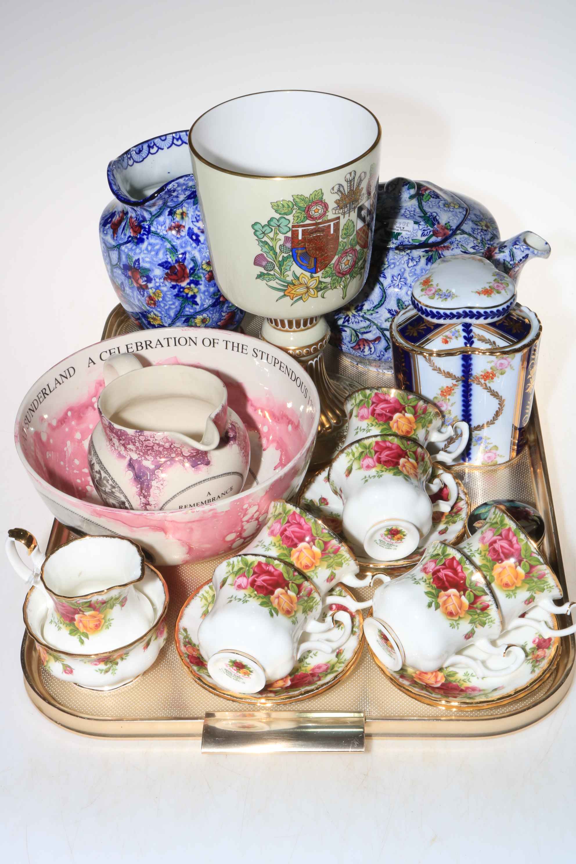 Six Royal Albert Country Roses cups and saucers, sugar and cream, lustre jug and bowl,