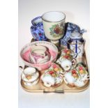 Six Royal Albert Country Roses cups and saucers, sugar and cream, lustre jug and bowl,