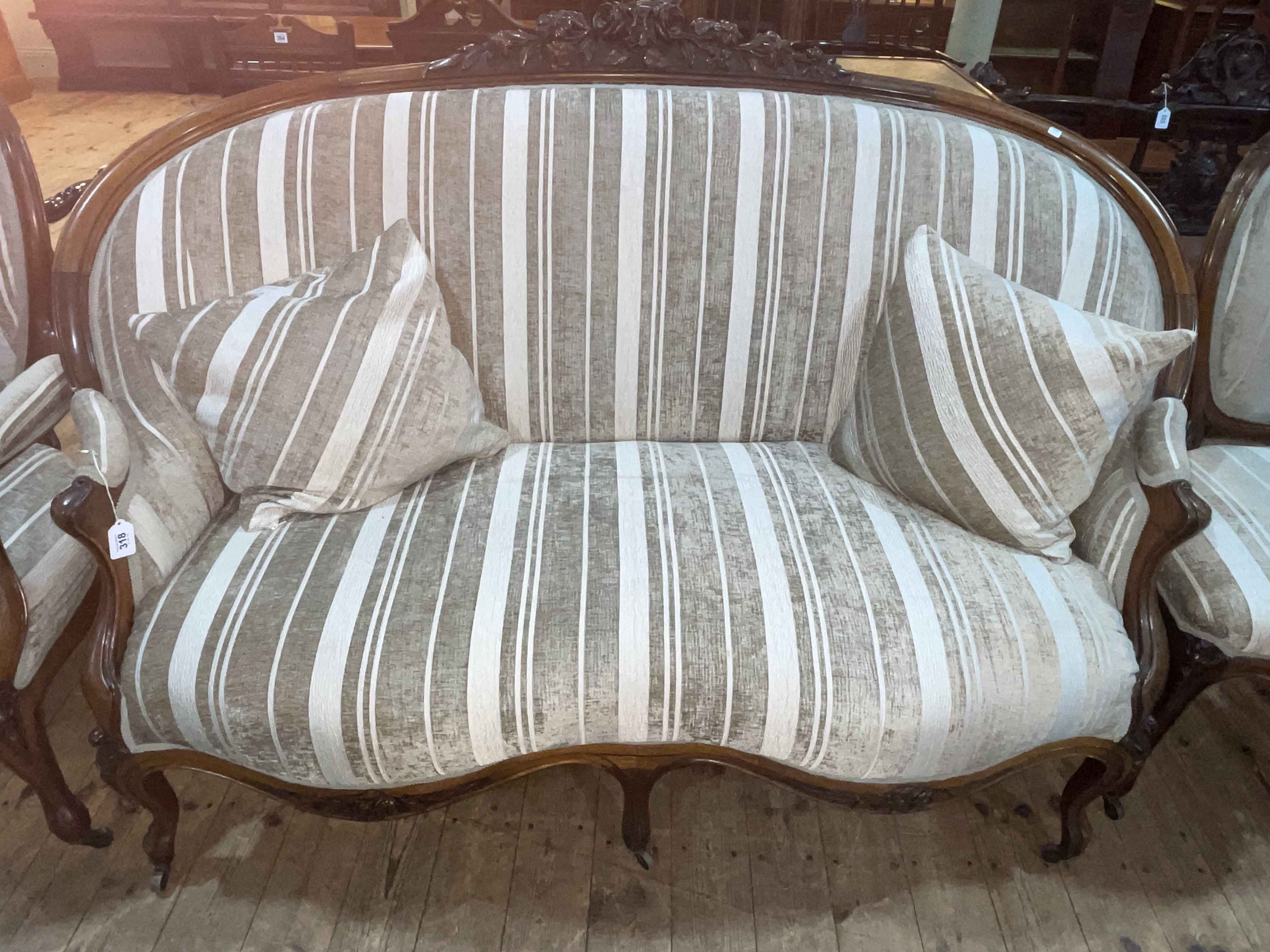 Victorian French rosewood three piece suite comprising double serpentine front settee, - Image 3 of 3