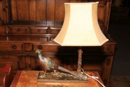 Ornate metal table lamp depicting a pheasant, 47cm high.