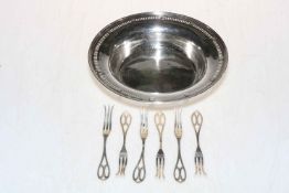 Sterling silver bowl with pierced border and set of six sterling silver cocktail forks.