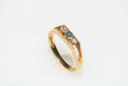 18 carat gold three stone sapphire and diamond ring, size M.