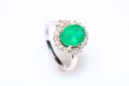 18 carat white gold, emerald and diamond cluster ring, emerald approx 2.