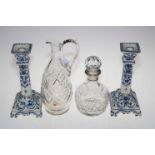 Birmingham silver mounted decanter, cut glass jug and pair of blue and white Delft candlesticks.