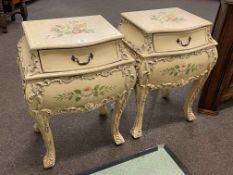 Pair French style floral painted single drawer pedestals, 66cm by 50cm by 35cm.