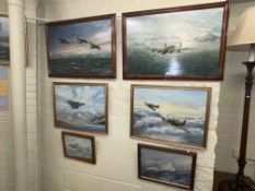 G Crawford, Military Aircraft, seven oils, all signed and dated, largest 49.5cm by 75cm, all framed.