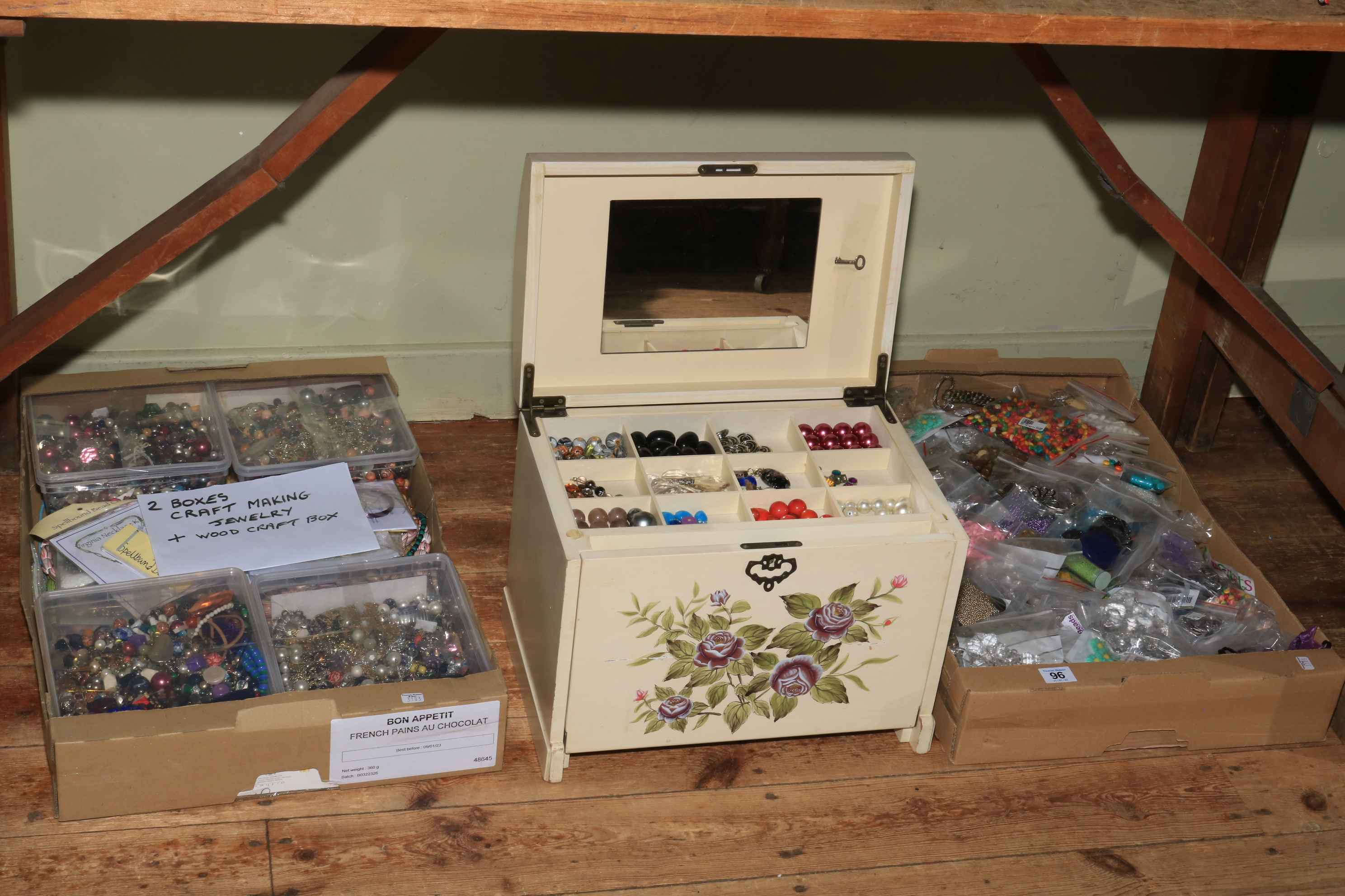 Collection of craft making jewellery and a wooden box.