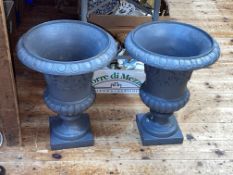 Pair cast Campana style garden urns, 47cm by 37cm diameter.