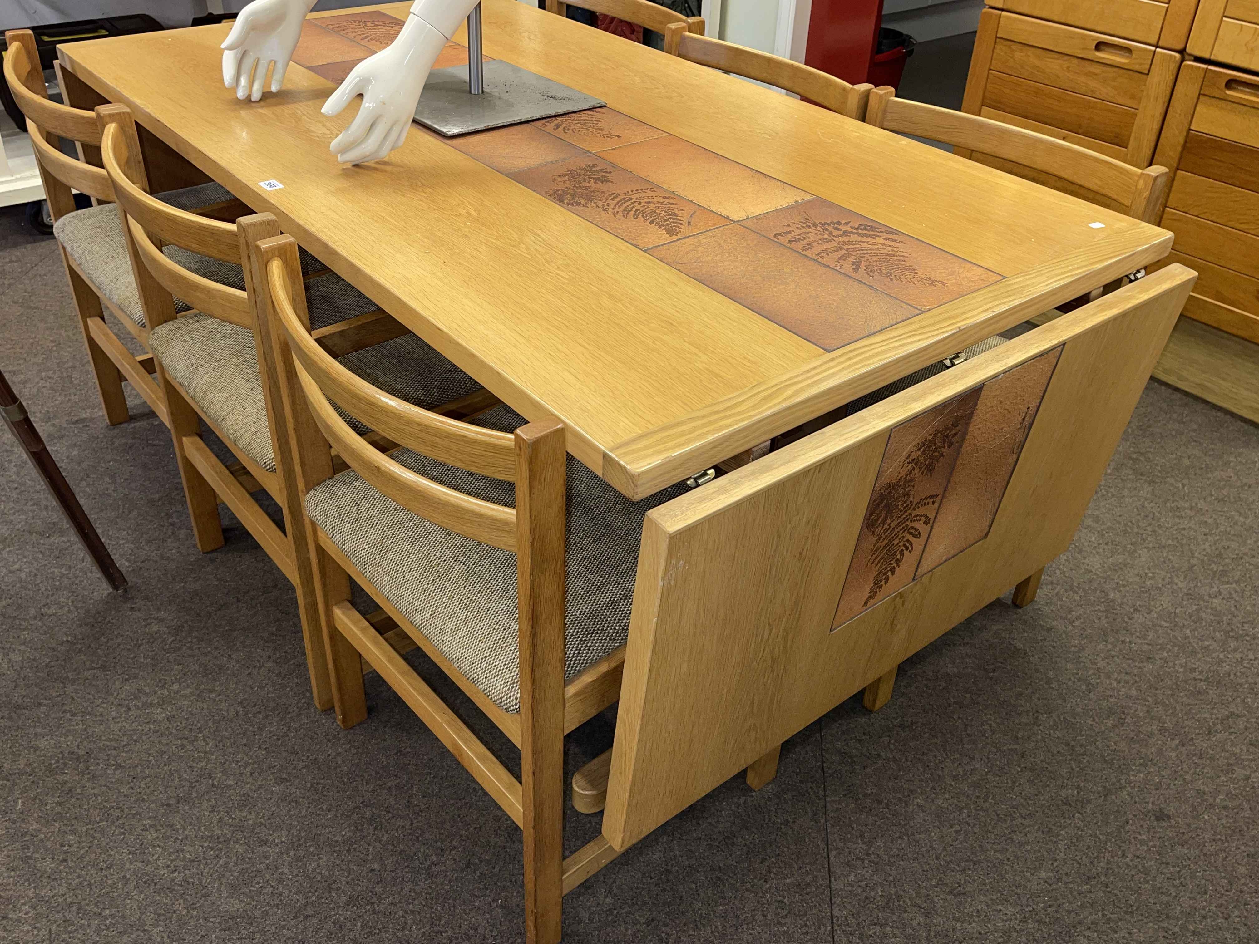 1970's Danish Vantinge Mobelindustri oak and part tiled top drop end dining table and six chairs - Image 3 of 3