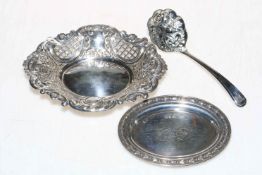 Oval pierced silver dish, oval card tray and silver spoon with embossed bowl.