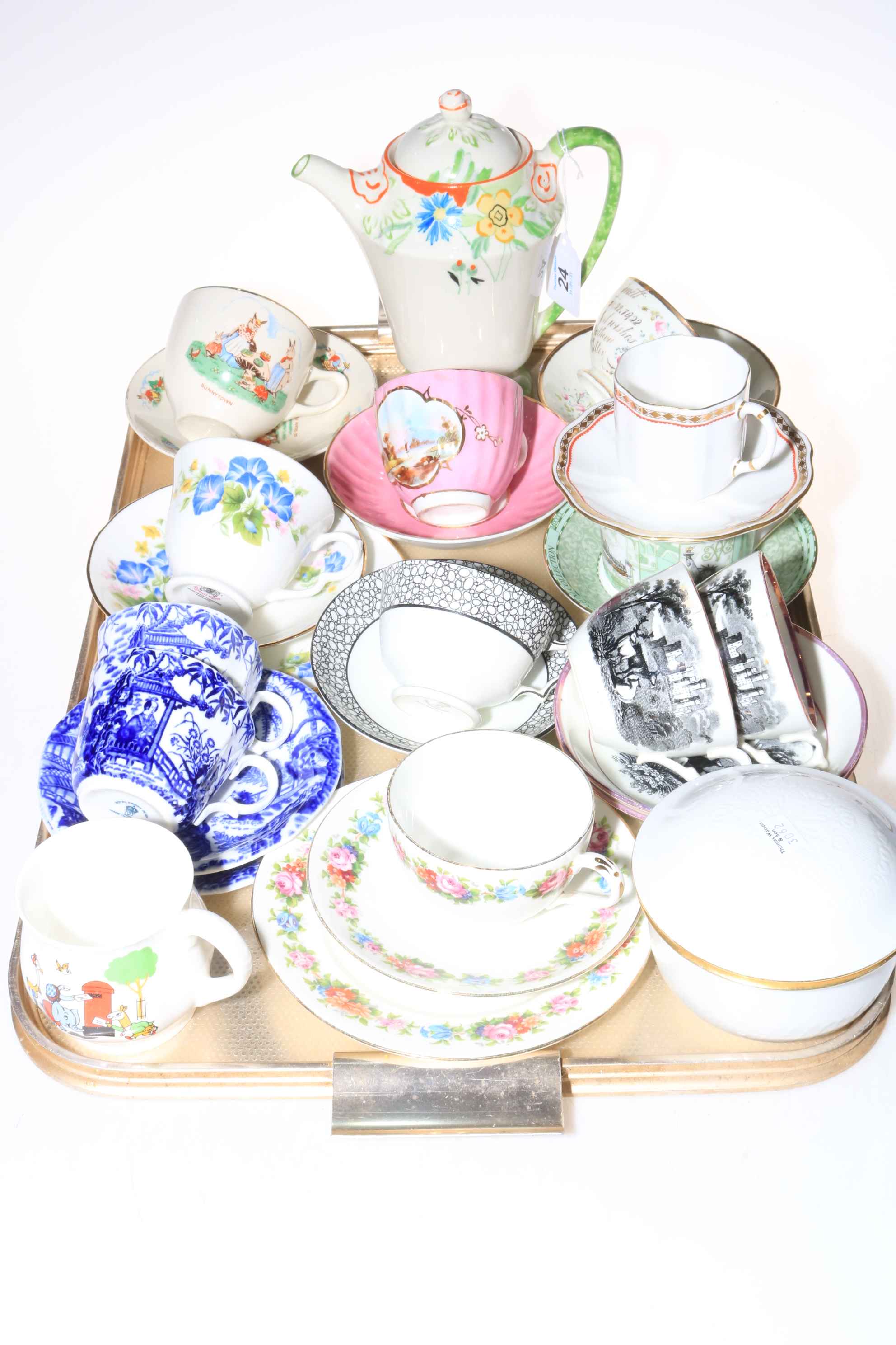 Cabinet cups, saucers and trio's including Crown Derby, Shelley, Sunderland lustre, coffee pot, etc.