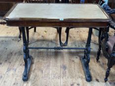 Rectangular cast base pub table with leather inset top, 80cm by 99cm by 53cm.