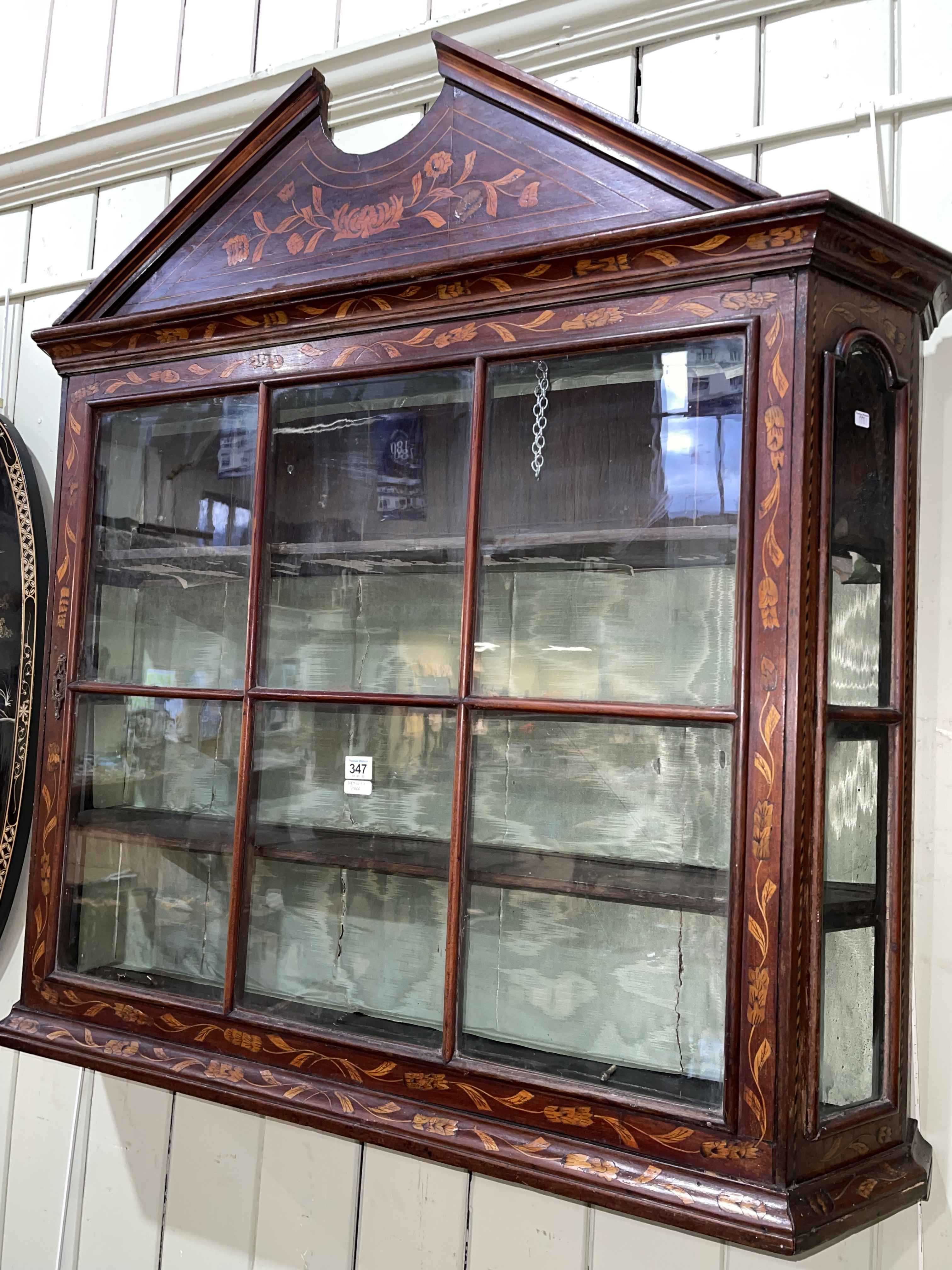 Victorian marquetry inlaid glazed panel wall cabinet with canted corners, 108cm by 108cm by 25cm.