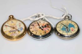 Three novelty watches with moving parts, football, hunting and Masonic.