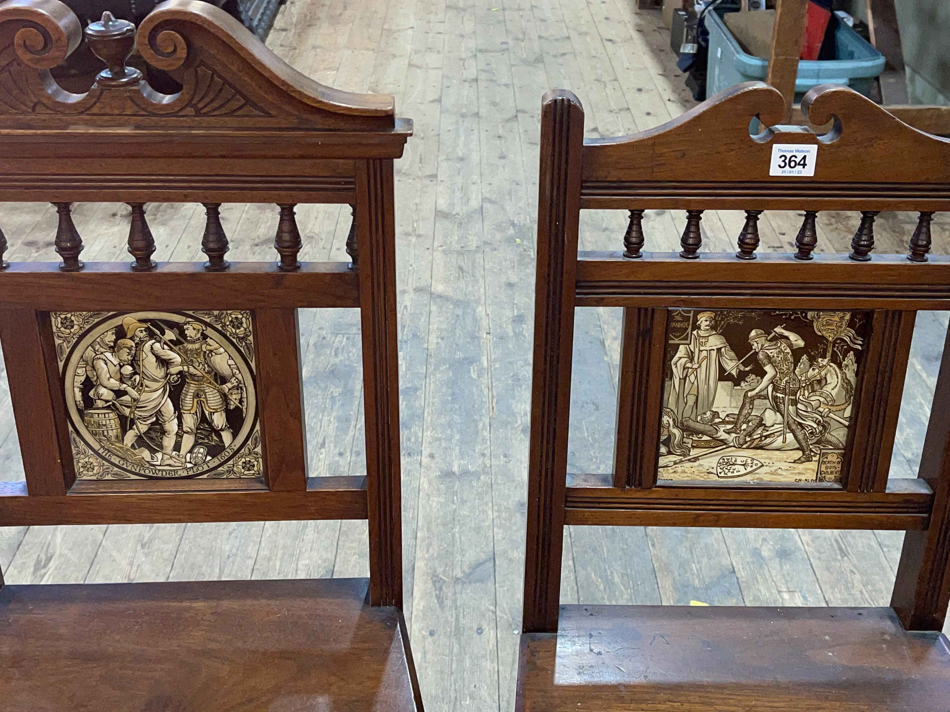 Pair Victorian hall chairs with inset Minton? tile backs. - Image 2 of 2