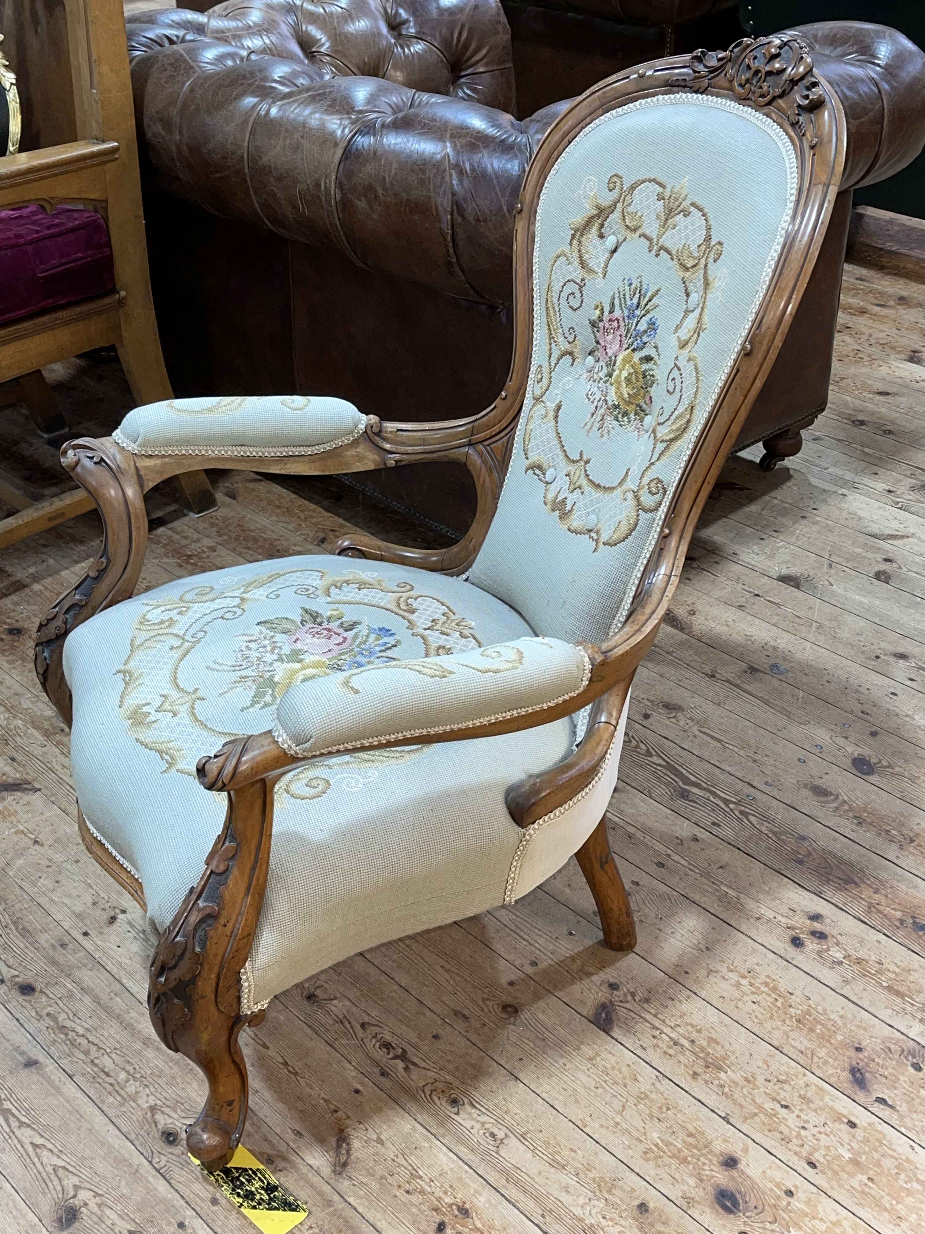 Victorian walnut spoon back open armchair in needlework fabric. - Image 3 of 3