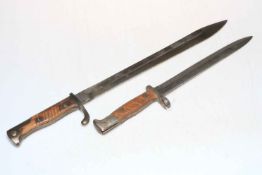 Two German Bayonets, one if by maker V.C. Schilling Suhl, 10 inch blade, marked 13. R. 10. 72.