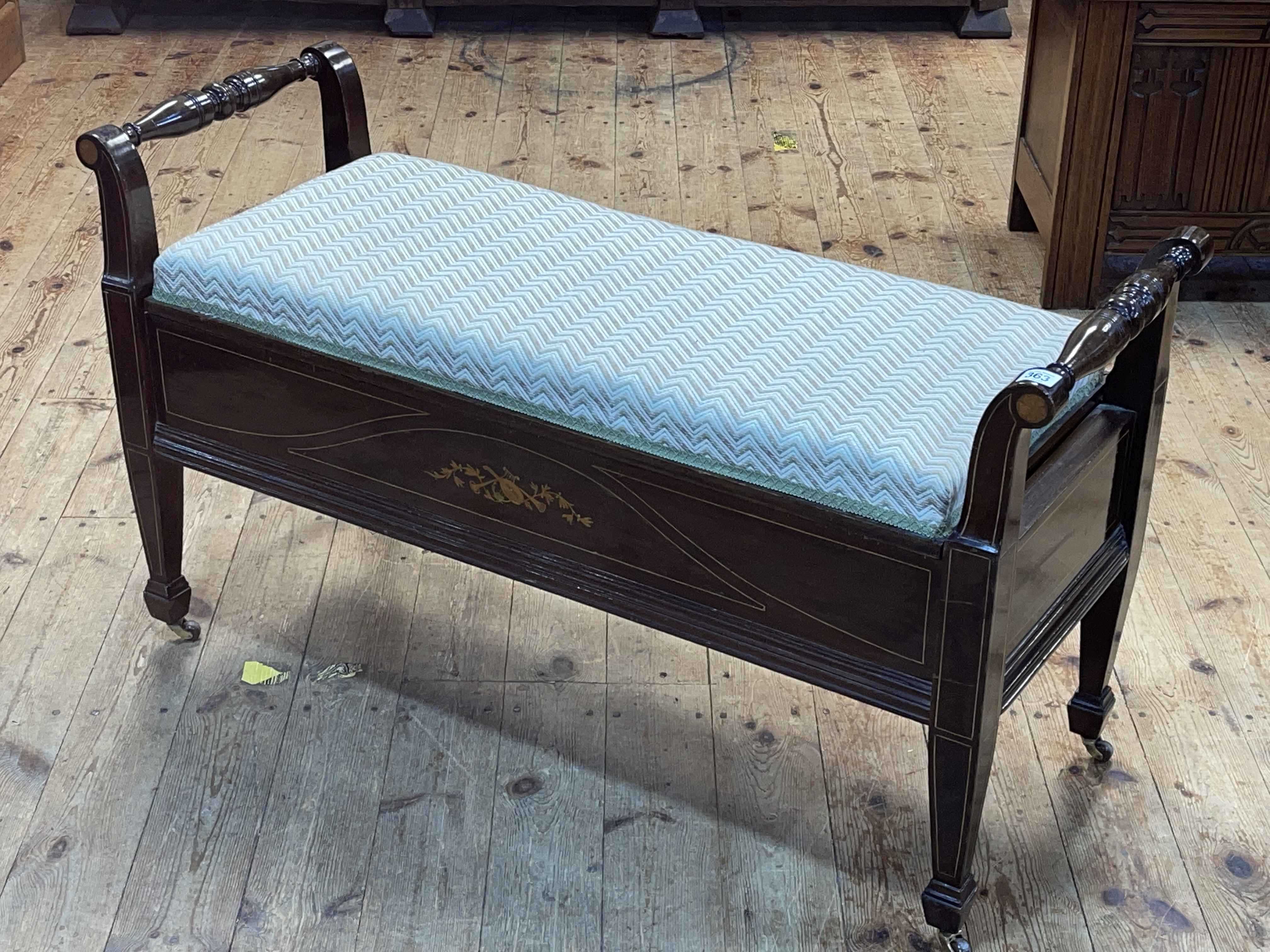 Edwardian inlaid mahogany duet stool, 60cm by 106cm by 40cm.