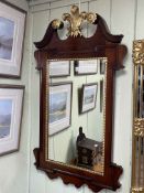 Georgian style mahogany framed bevelled wall mirror with swan neck and Prince of Wales feather