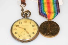 A Jaeger LeCoultre military issue pocket watch and a WWI medal '40421 PTE J.