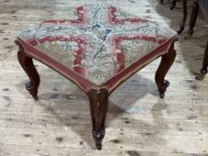 Victorian mahogany cabriole leg stool with needlework and beadwork seat, 45cm by 59cm by 59cm.